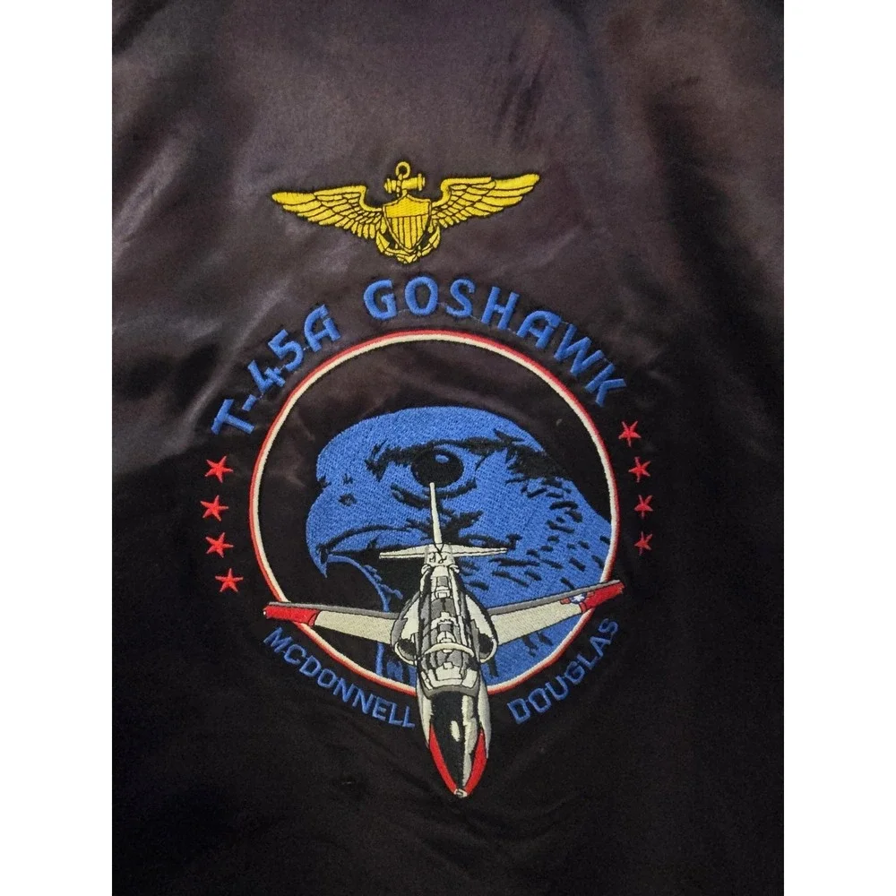Vintage McDonnell Douglas T-45A Goshawk Satin Bomber Jacket Black Mens XL USA